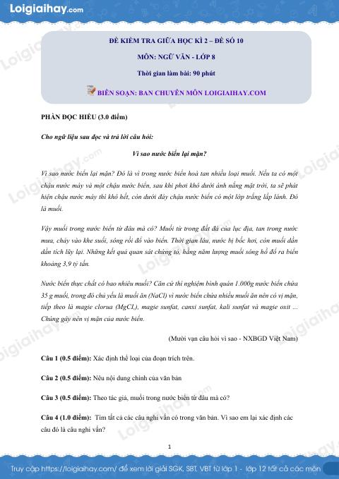 Đề thi giữa kì 2 Văn 8 - Đề số 10